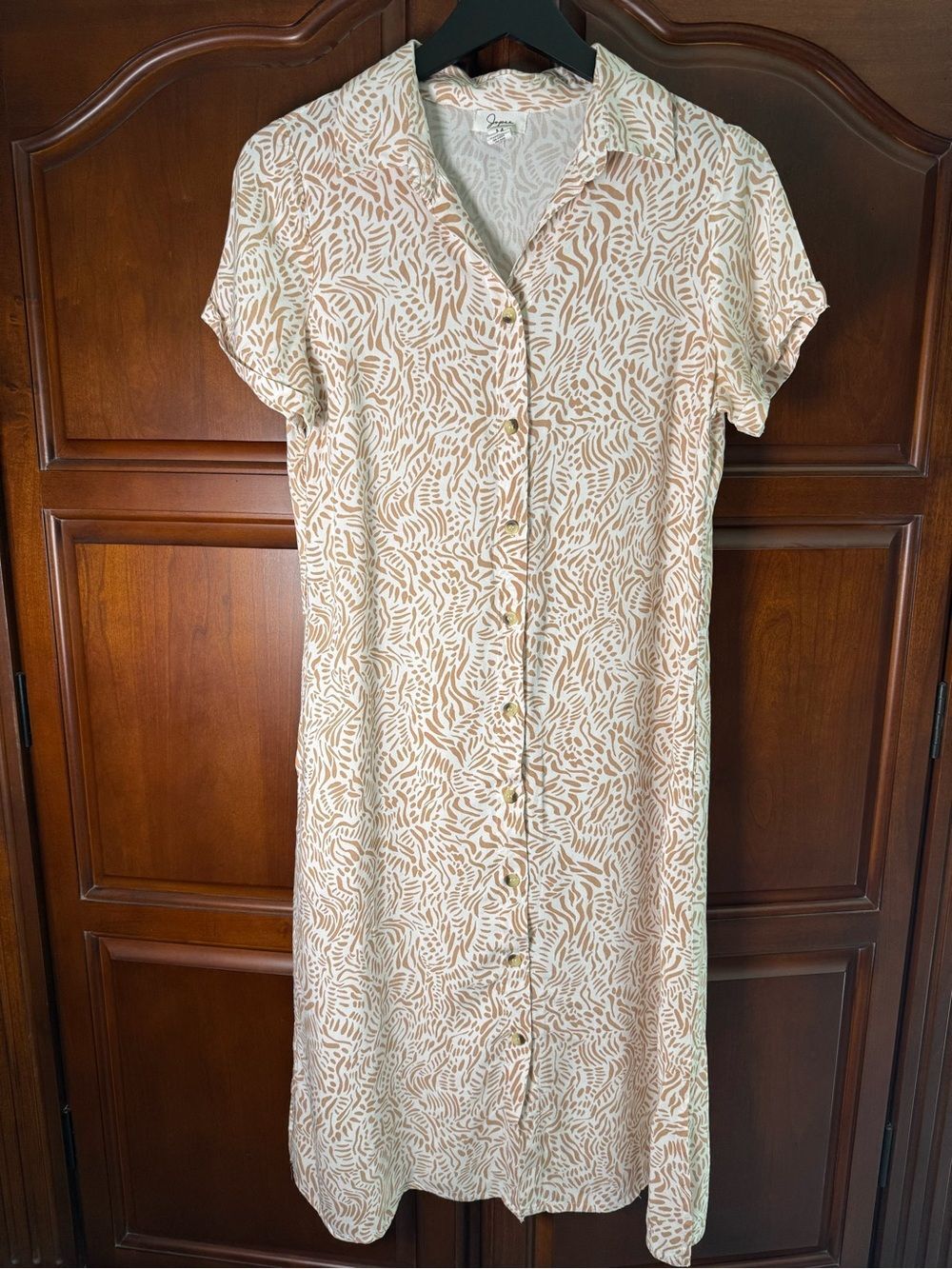 Japna Geometric Short Sleeve Shirt Dress Midi Tan Cream Button Front Medium